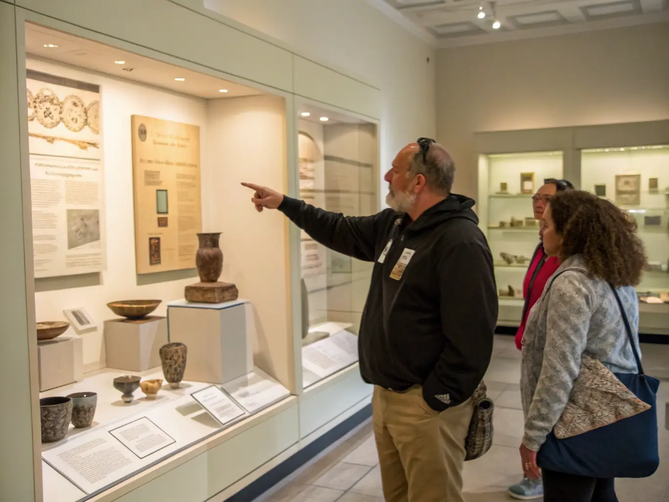 A museum guide leading a group of visitors through an exhibit showcasing historical papermaking tools and artifacts at LE MUSEE DU PAPIER D ANGOUMOIS. The exhibit includes informative displays and interactive elements.